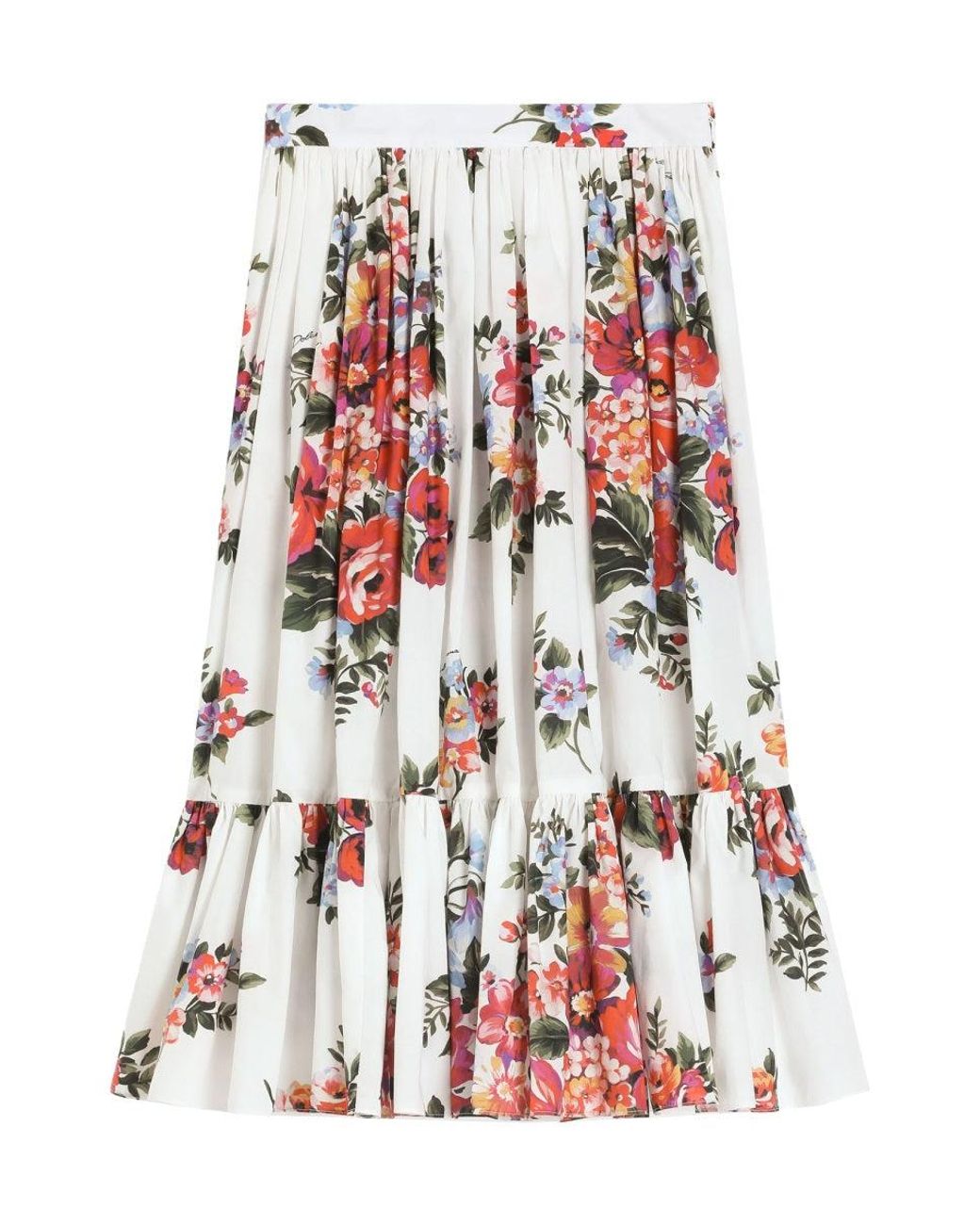Dolce & Gabbana Red Flower Bouquet-Print Poplin Skirt