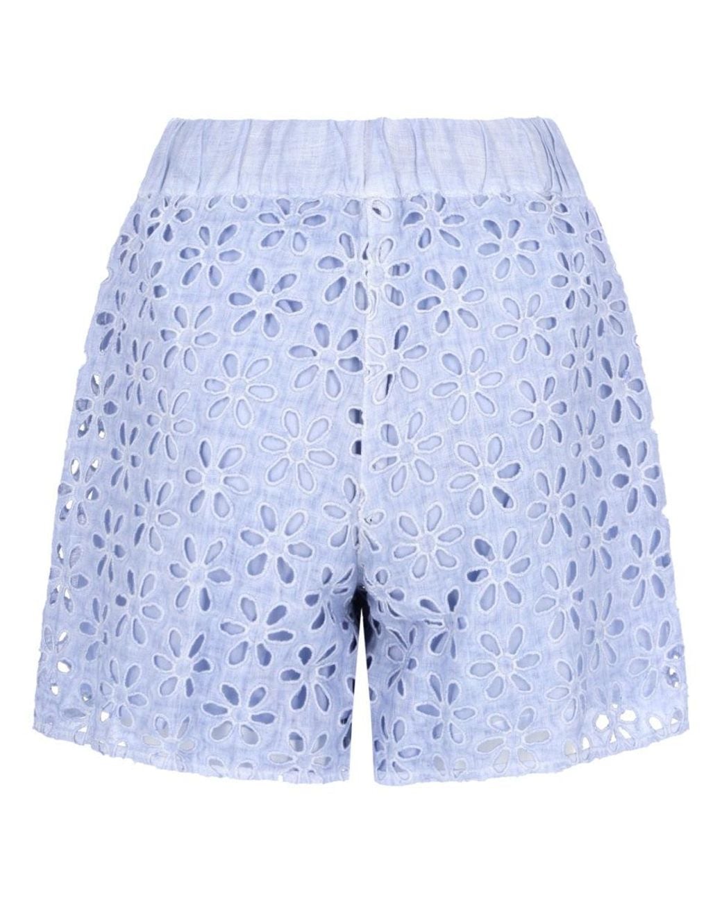 120% Lino Blue Shorts Con Motivo Traforato