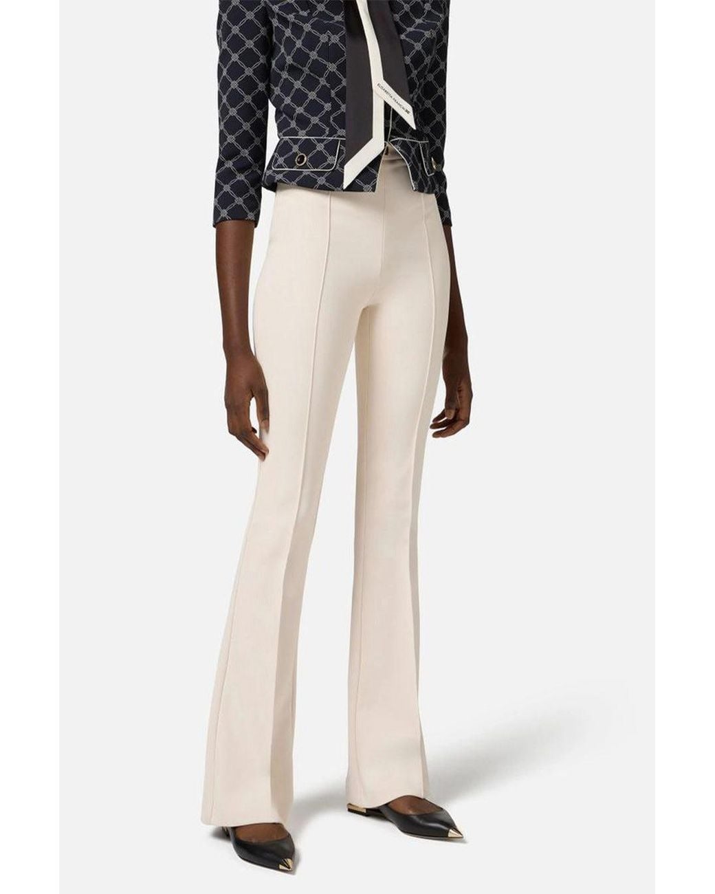 Elisabetta Franchi White Crepe Flared Trousers With Logo Plaque