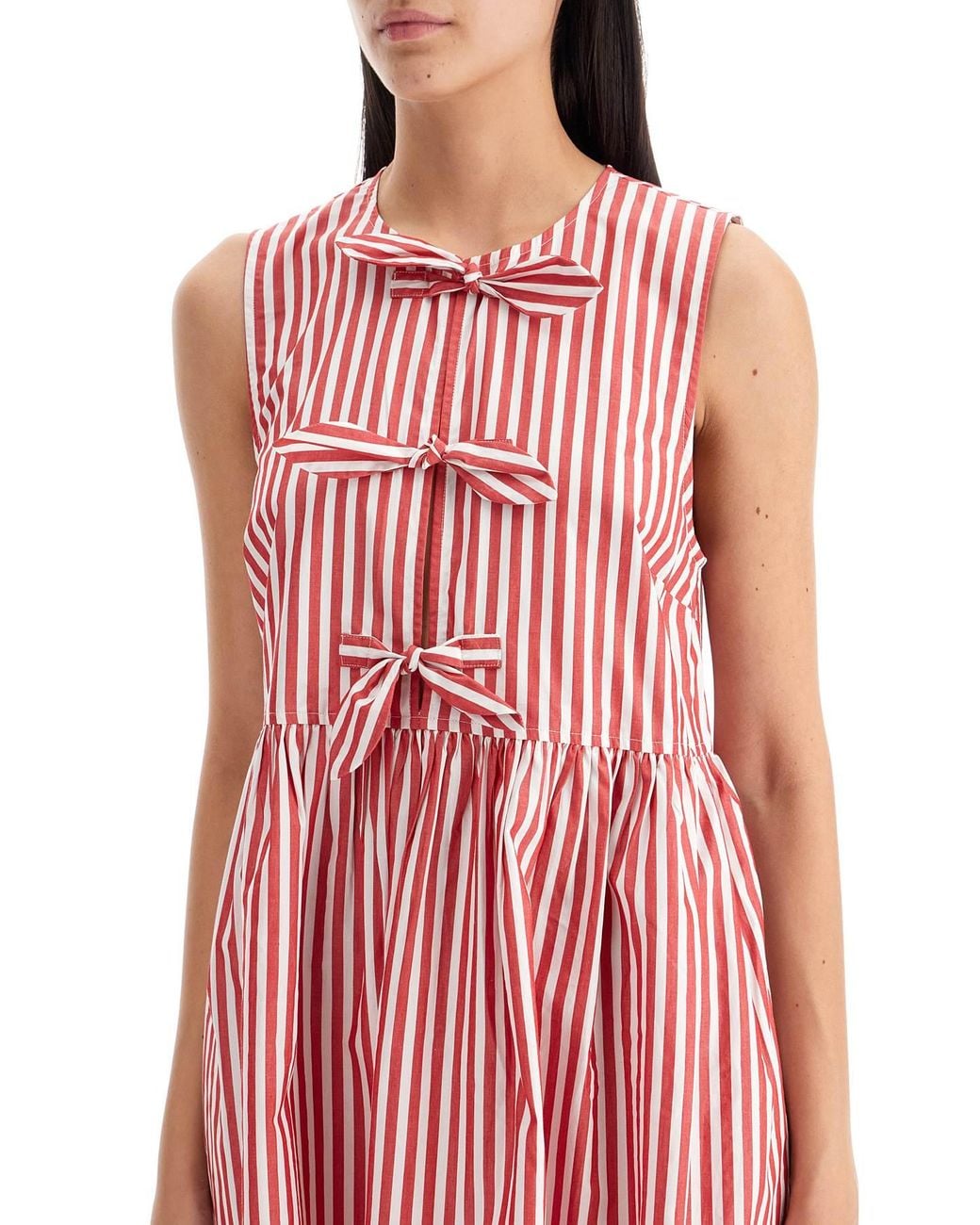 Ganni Striped Mini Dress With Bow Accents in Red | Lyst