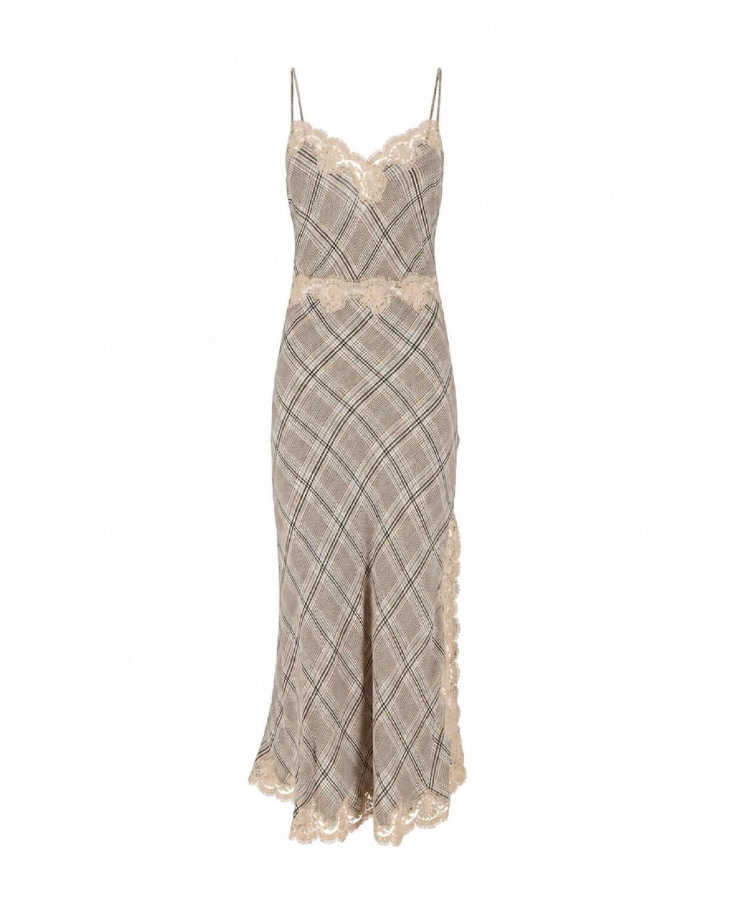 Ermanno Scervino Natural Fitted Lace Trim Plaid Pattern Midi Dress