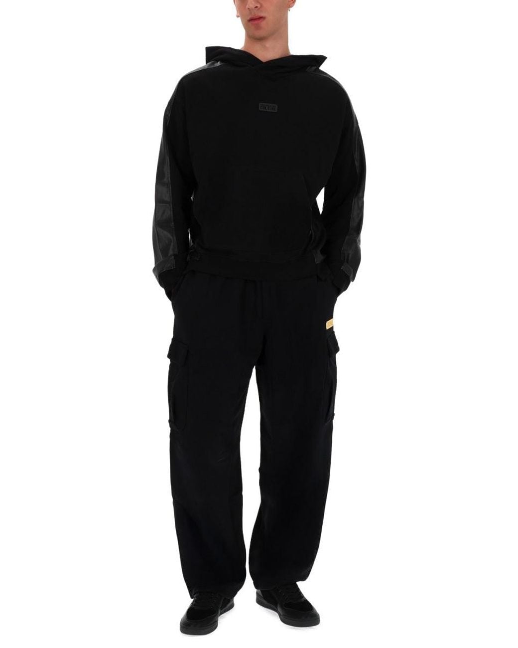 Versace Jeans Couture Black Faux Leather Hooded Sweatshirt for men
