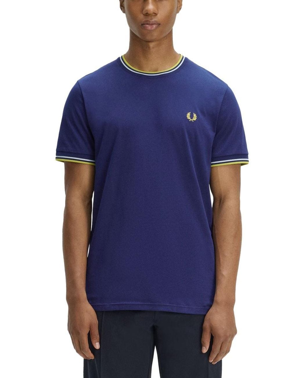 Fred Perry Blue T Shirt Con Doppia Riga