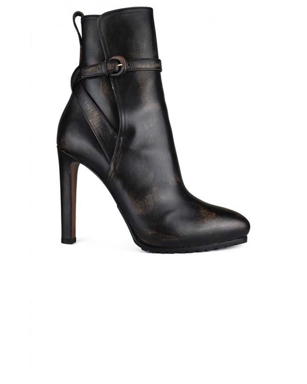Ralph Lauren Black Distressed Leather Almond-Toe Ankle Boots