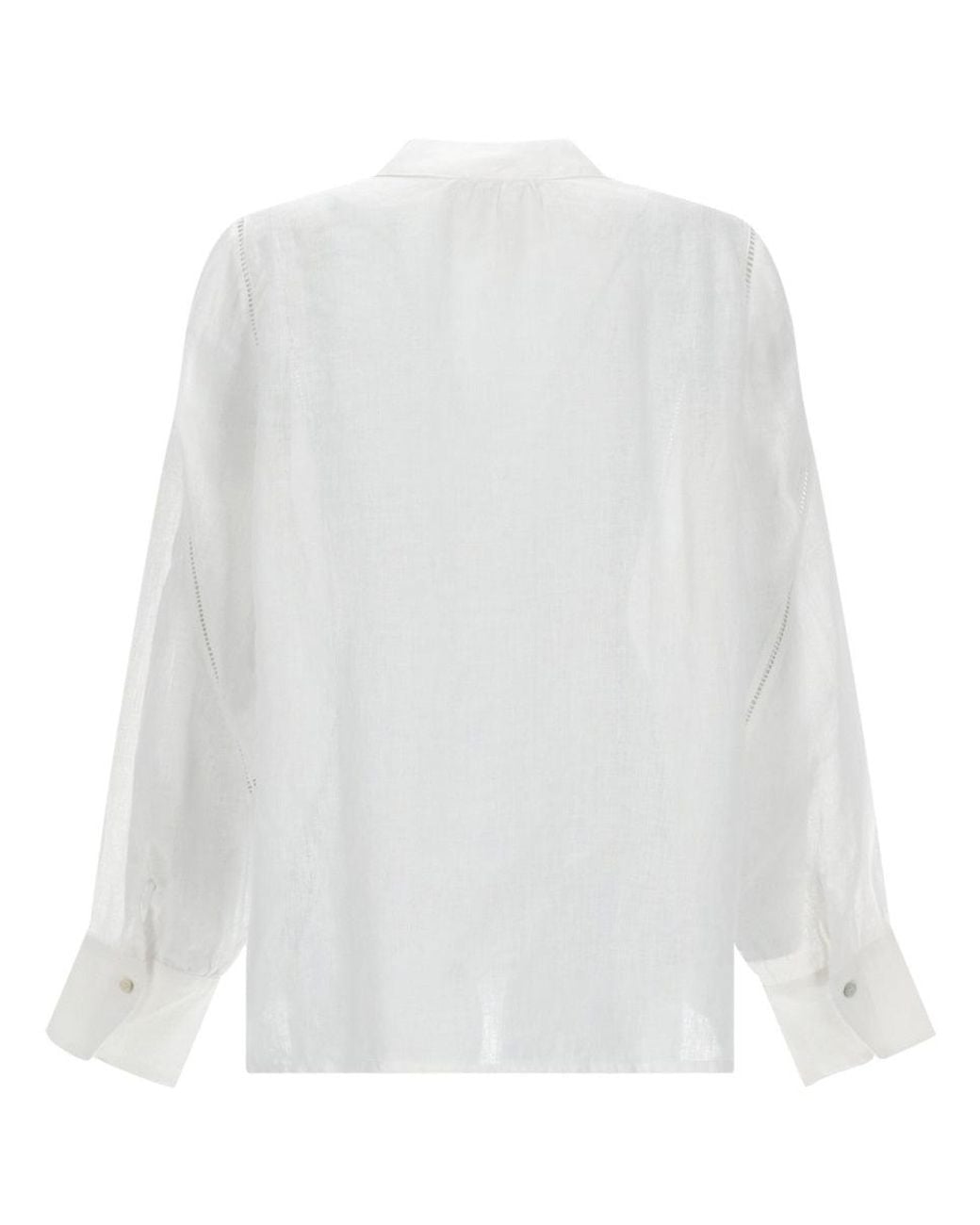 120% Lino White Linen Mandarin Collar Button-Front Blouse