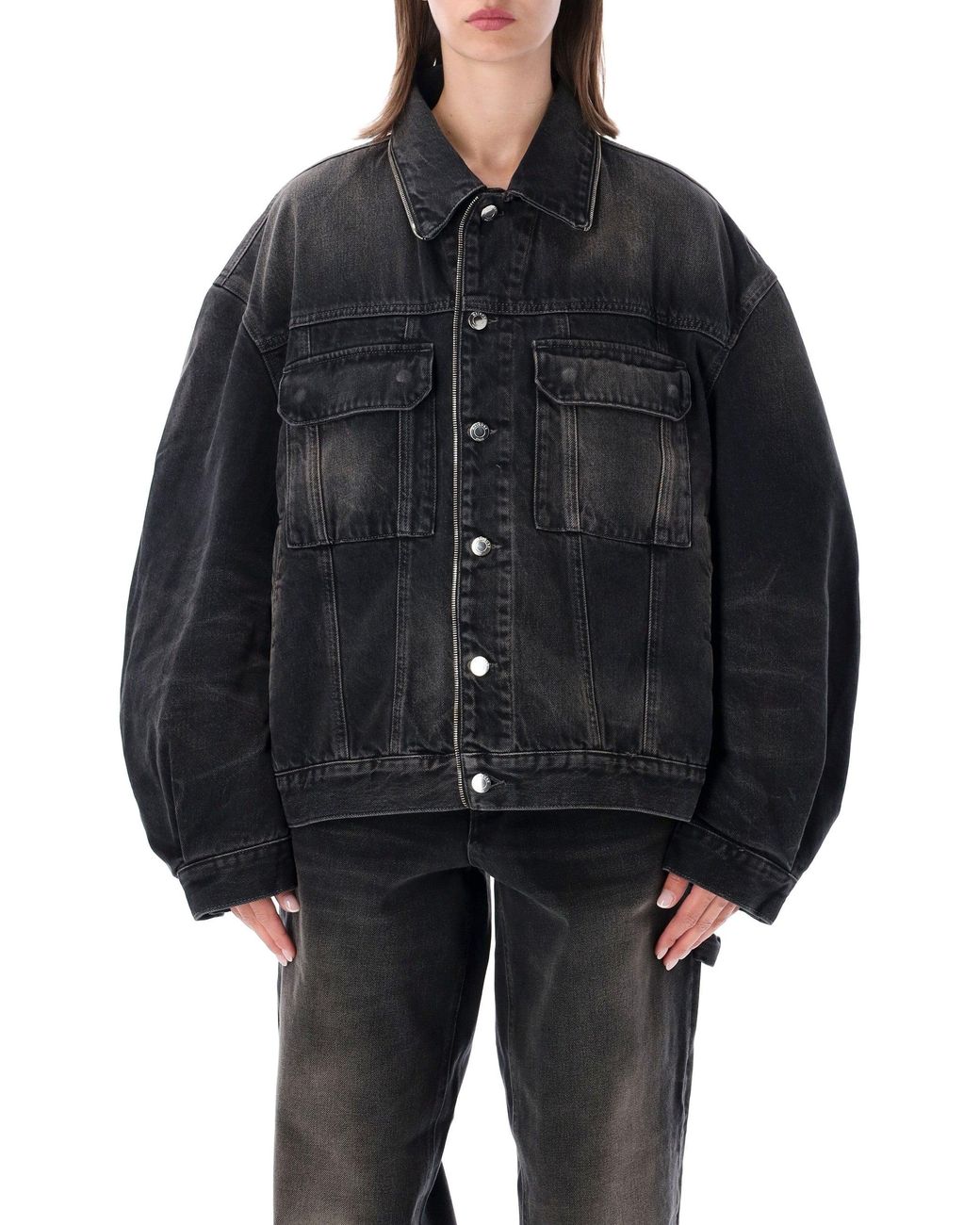 Haikure Black Oversized Denim Jacket With Adjustable Zippered Hem
