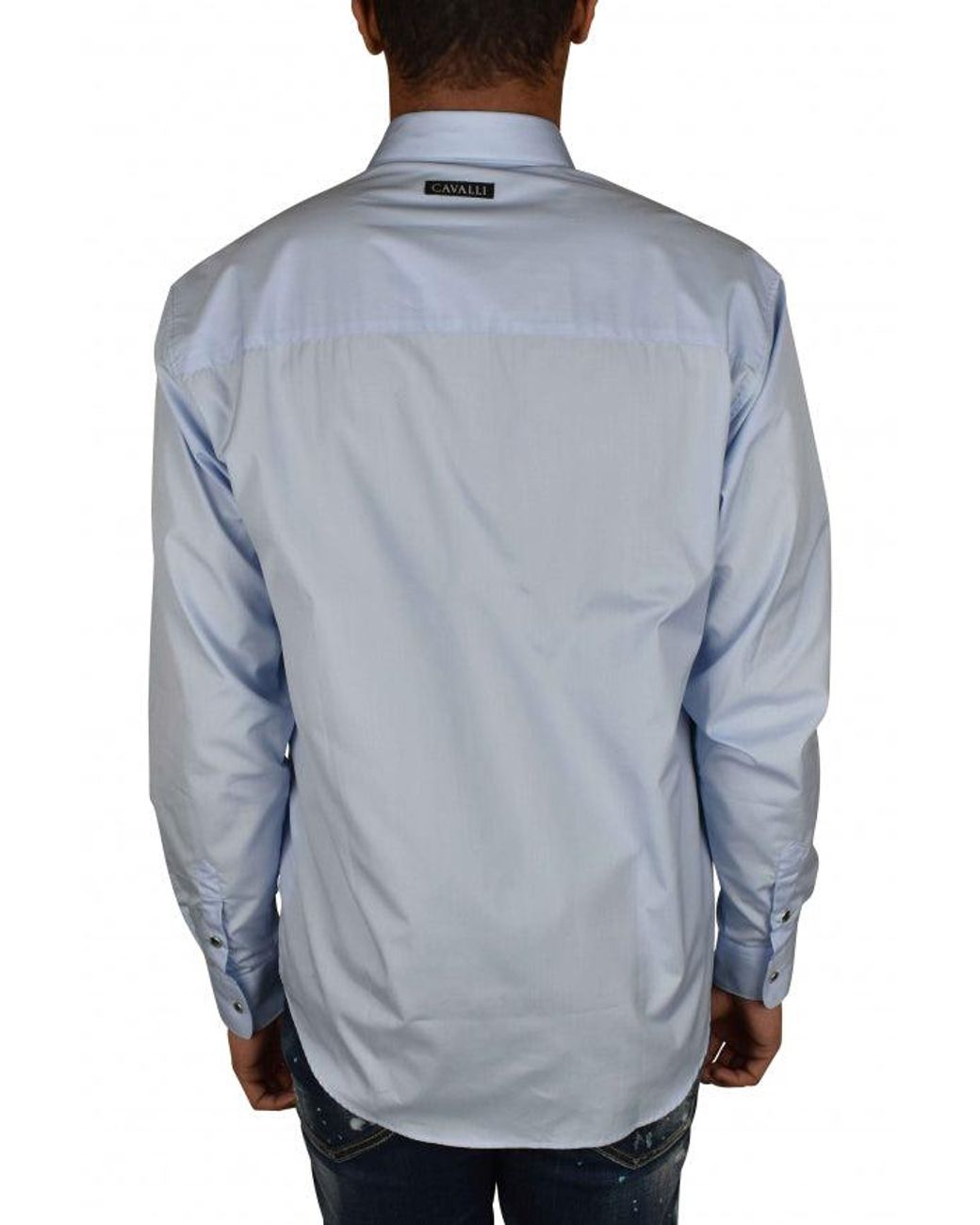 Roberto Cavalli Blue Light Cotton Shirt With Pointed Collar for men