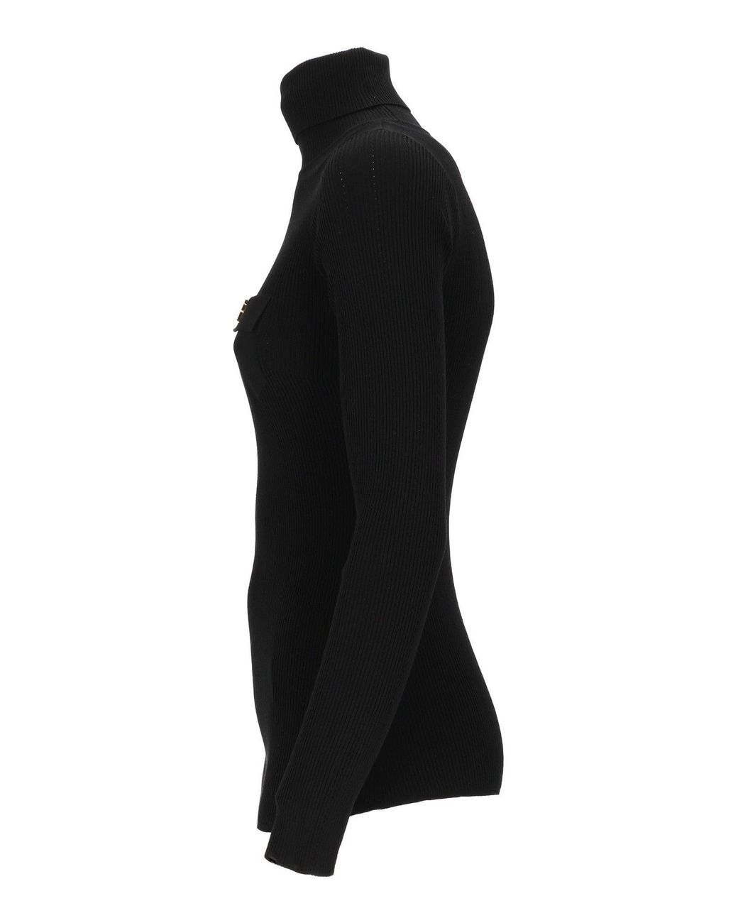 Elisabetta Franchi Black Fitted Ribbed Knit Top With High Turtleneck