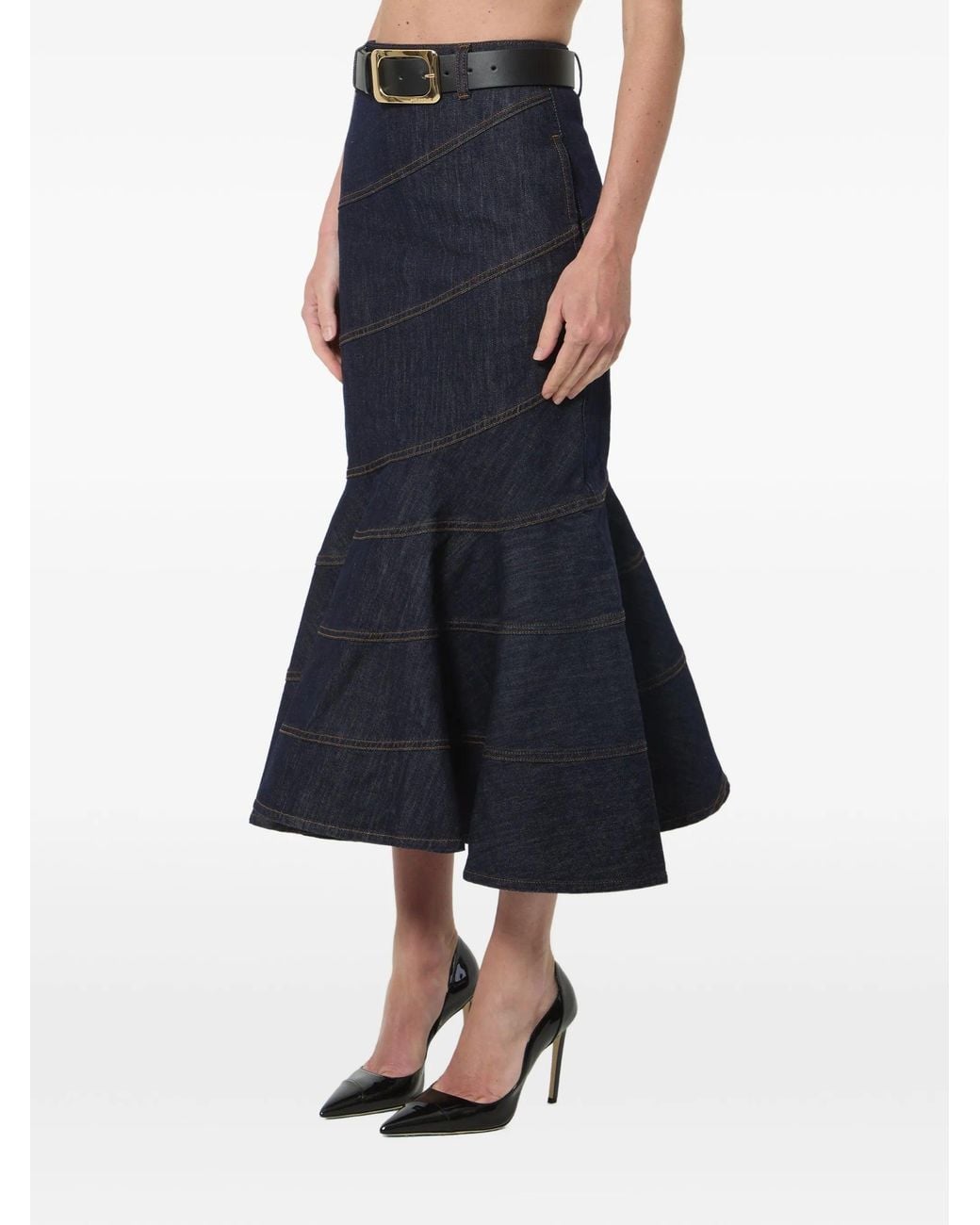 Self-Portrait Blue Denim Belted Midi Skirt