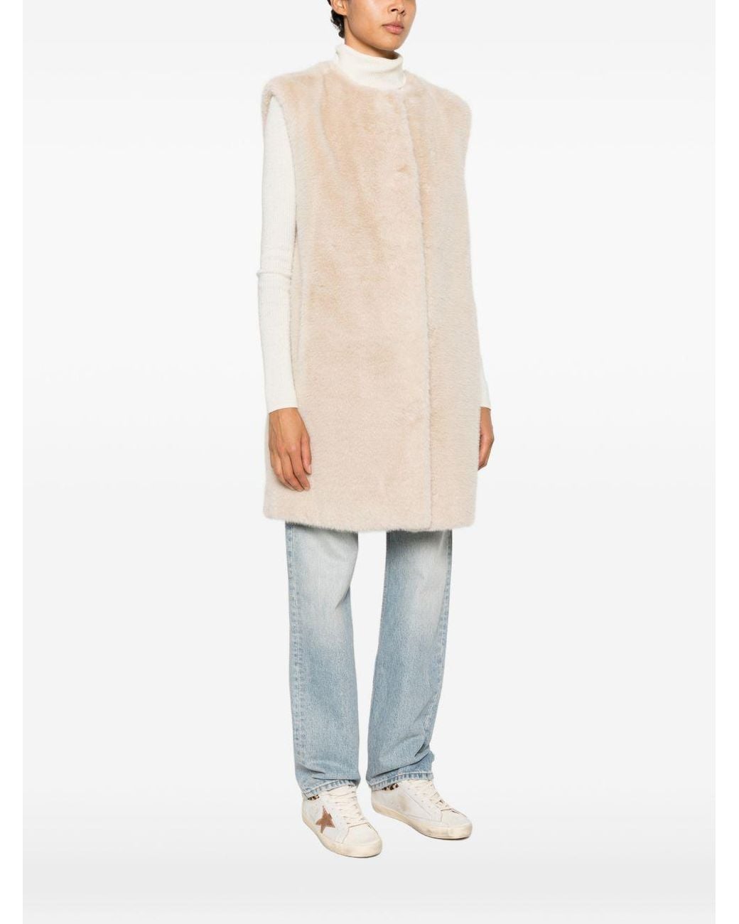 Herno Natural Long Faux Fur-Effect Gilet With Round Neckline
