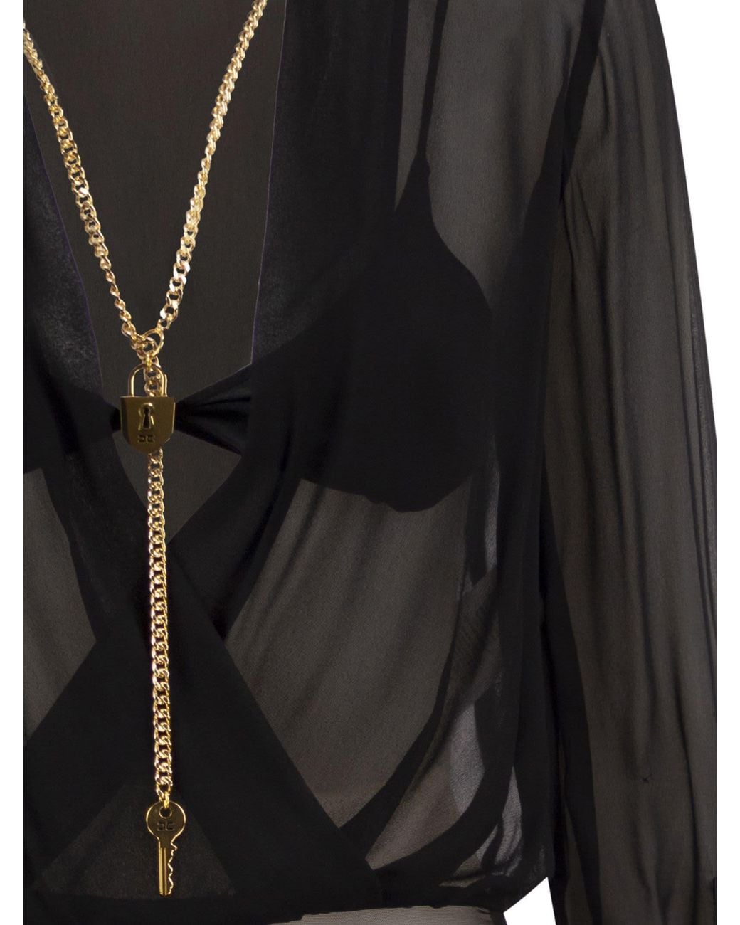 Elisabetta Franchi Black Voile Shirt Bodysuit With Jewel Necklace