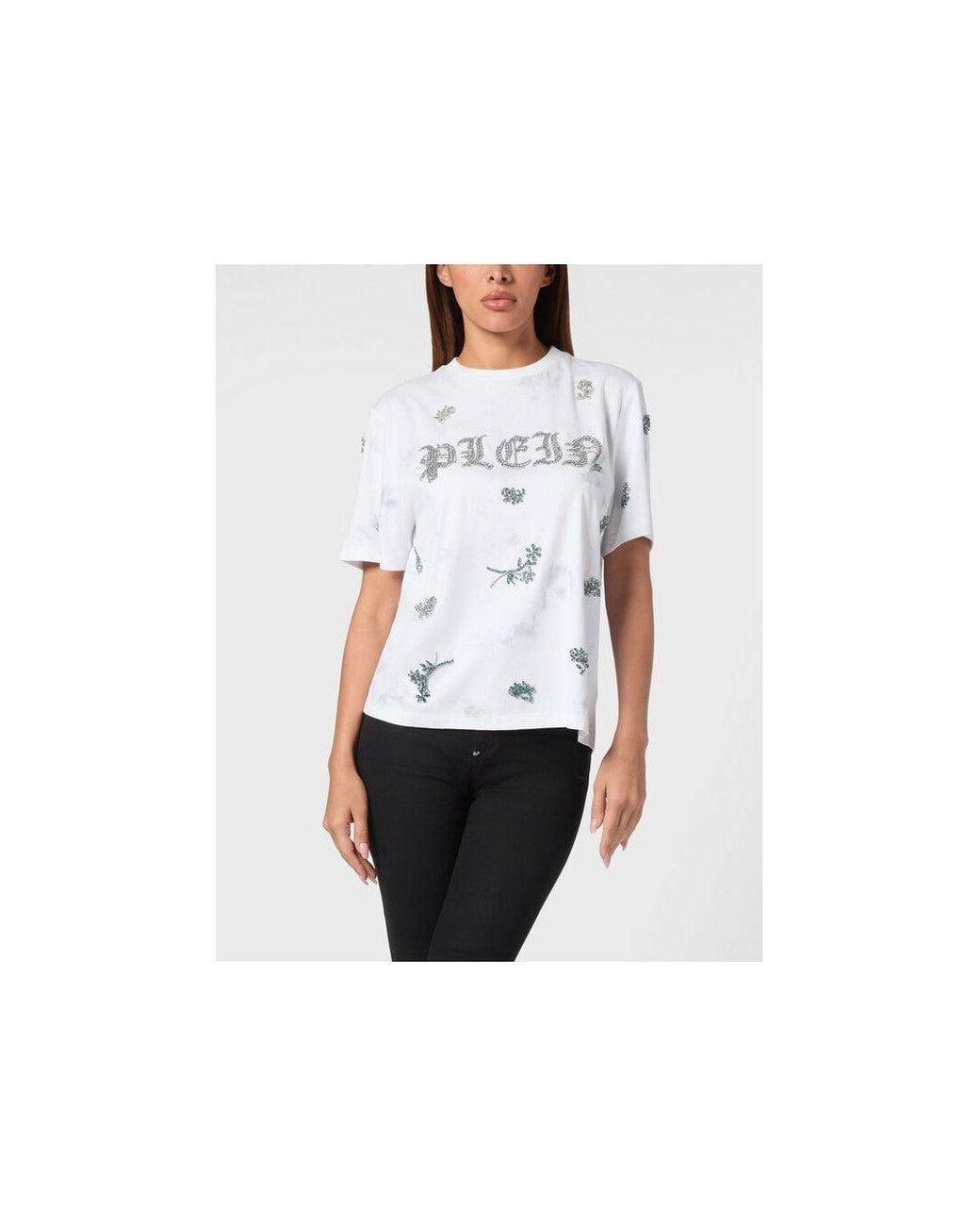 Philipp Plein White T-Shirt Round Neck Ss Flowers