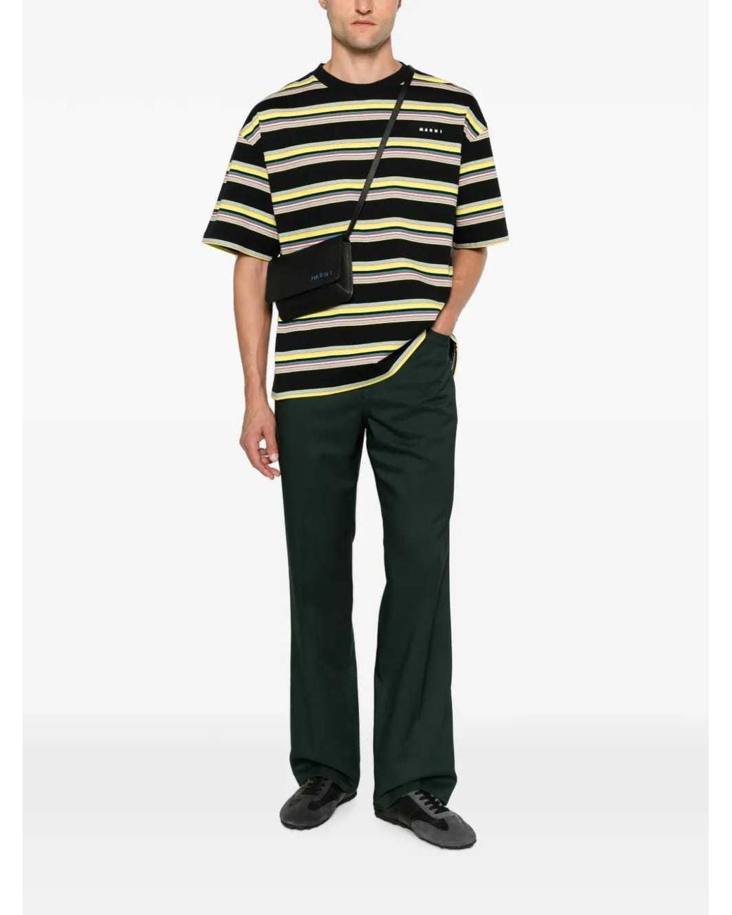 Marni Black Striped Cotton T Shirt With Logo Print