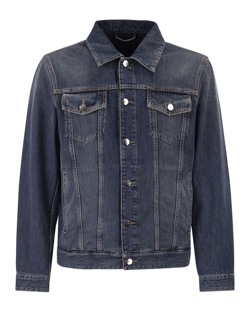 Peserico Blue Cotton Denim Jacket With Vintage Wash And Tailored Details