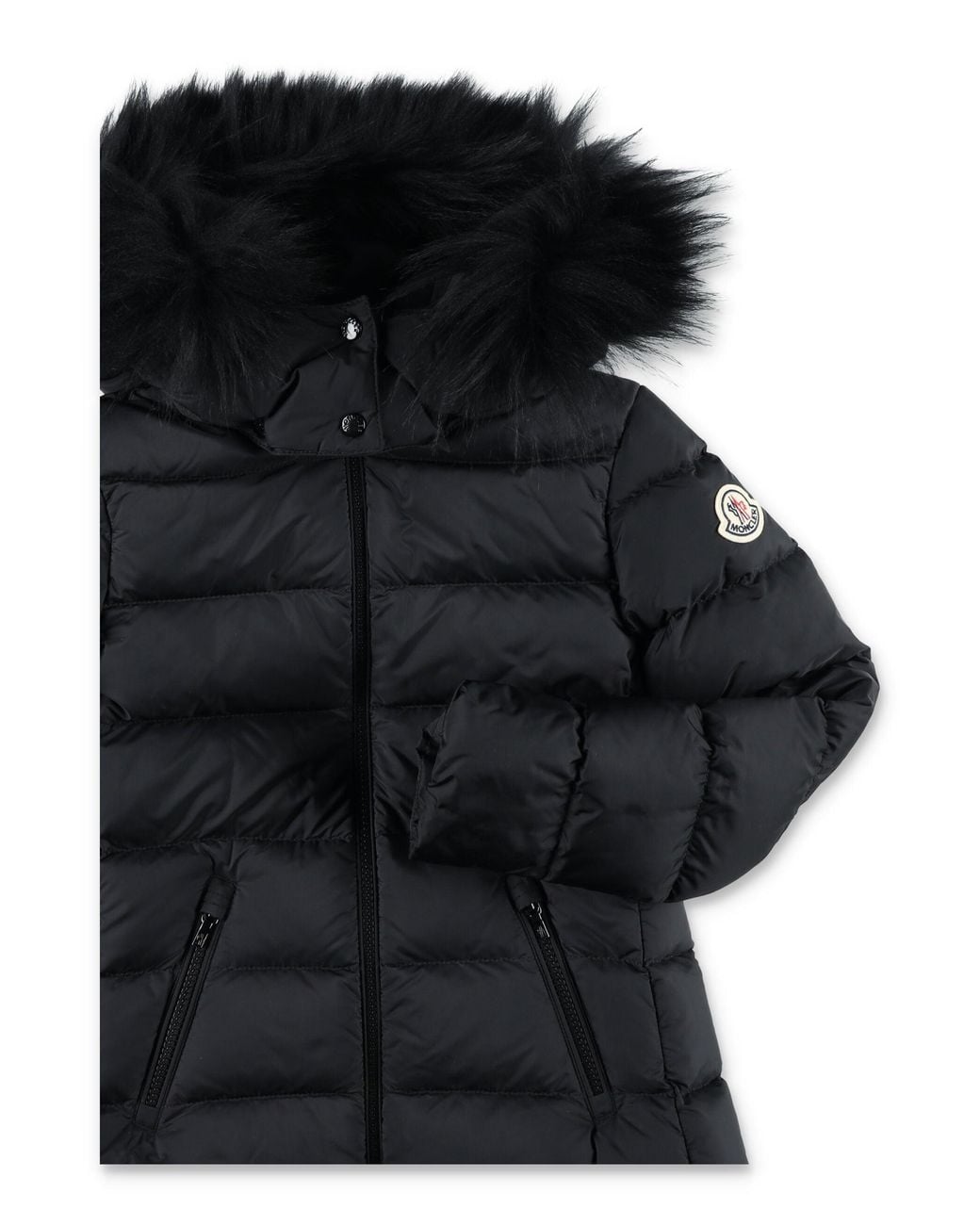 Moncler Black Girls' Long Hooded Down Jacket With Removable Shearling Trim