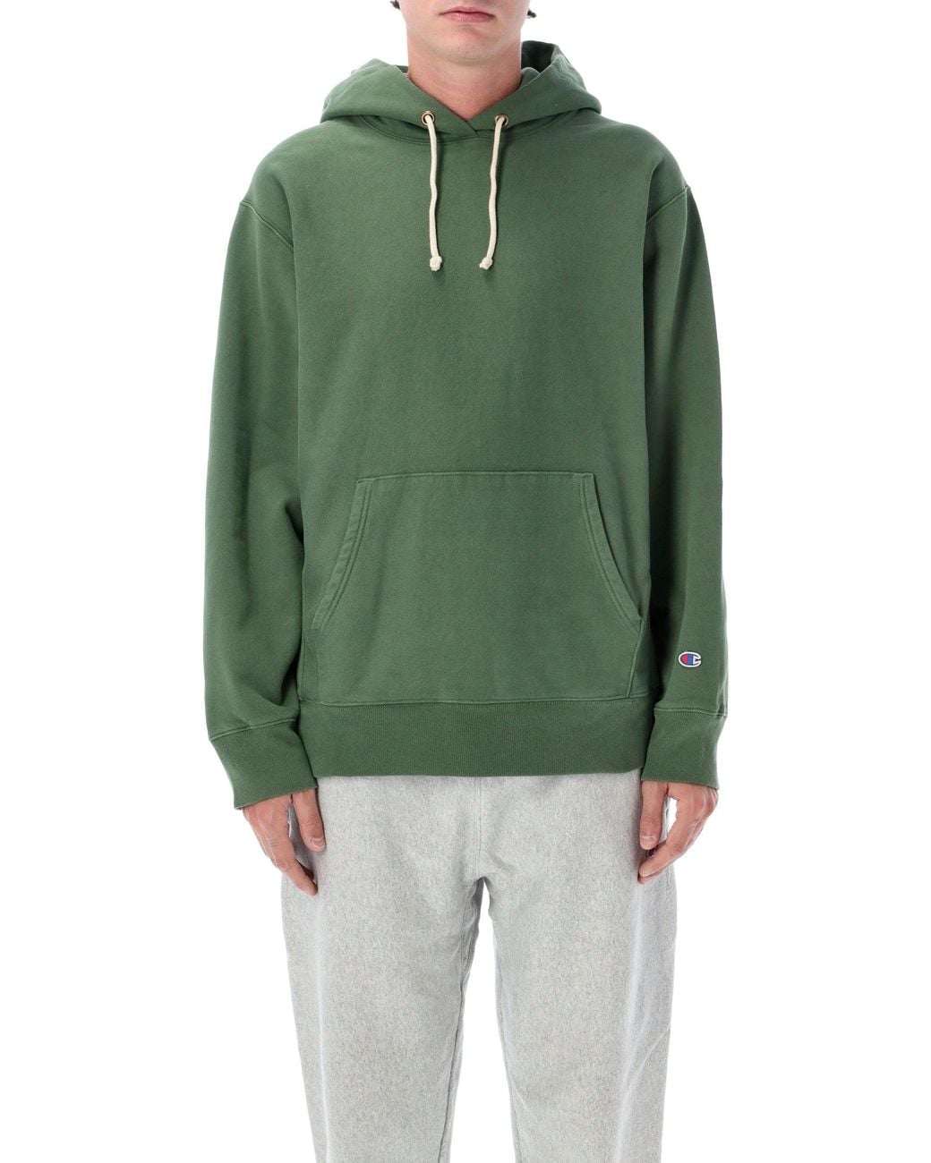 Champion Green Reverse Weave Hooded Sweatshirt With Brushed Fleece And Kangaroo Pocket