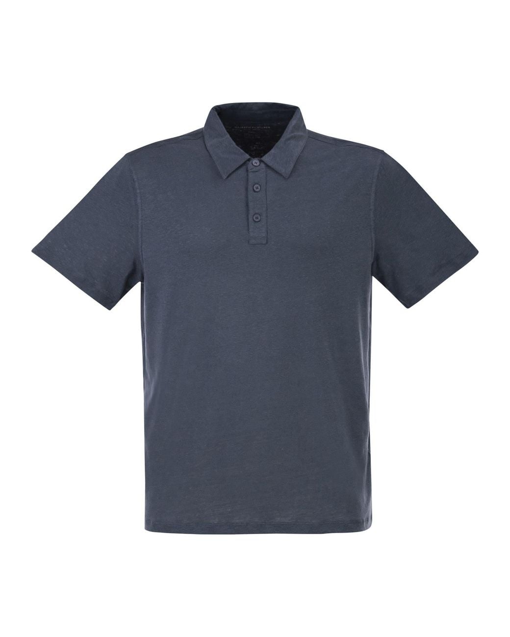 Majestic Blue Stretch Linen Polo Shirt With Button Placket