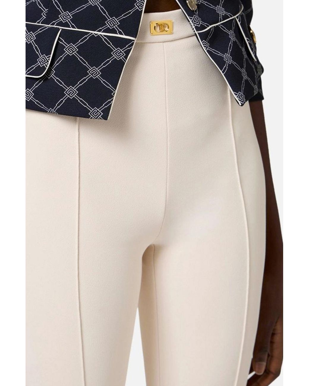 Elisabetta Franchi White Crepe Flared Trousers With Logo Plaque