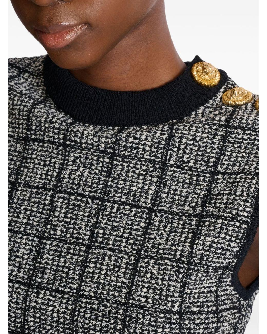 Balmain Gray Tweed Crop Top With Buttons