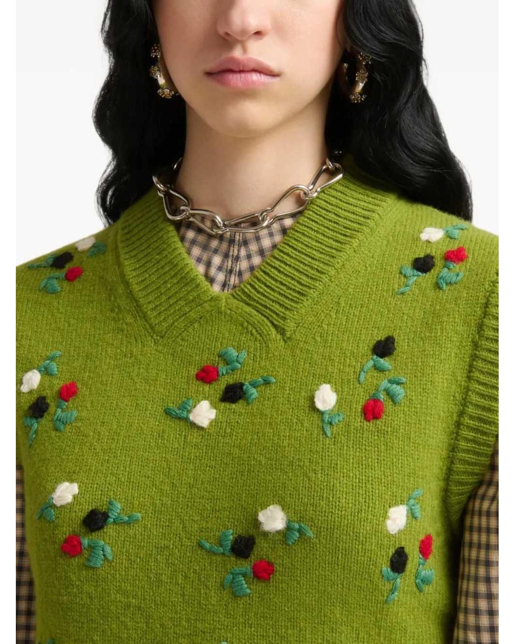 Marni Green Wool And Cashmere Vest With Floral Embroidery