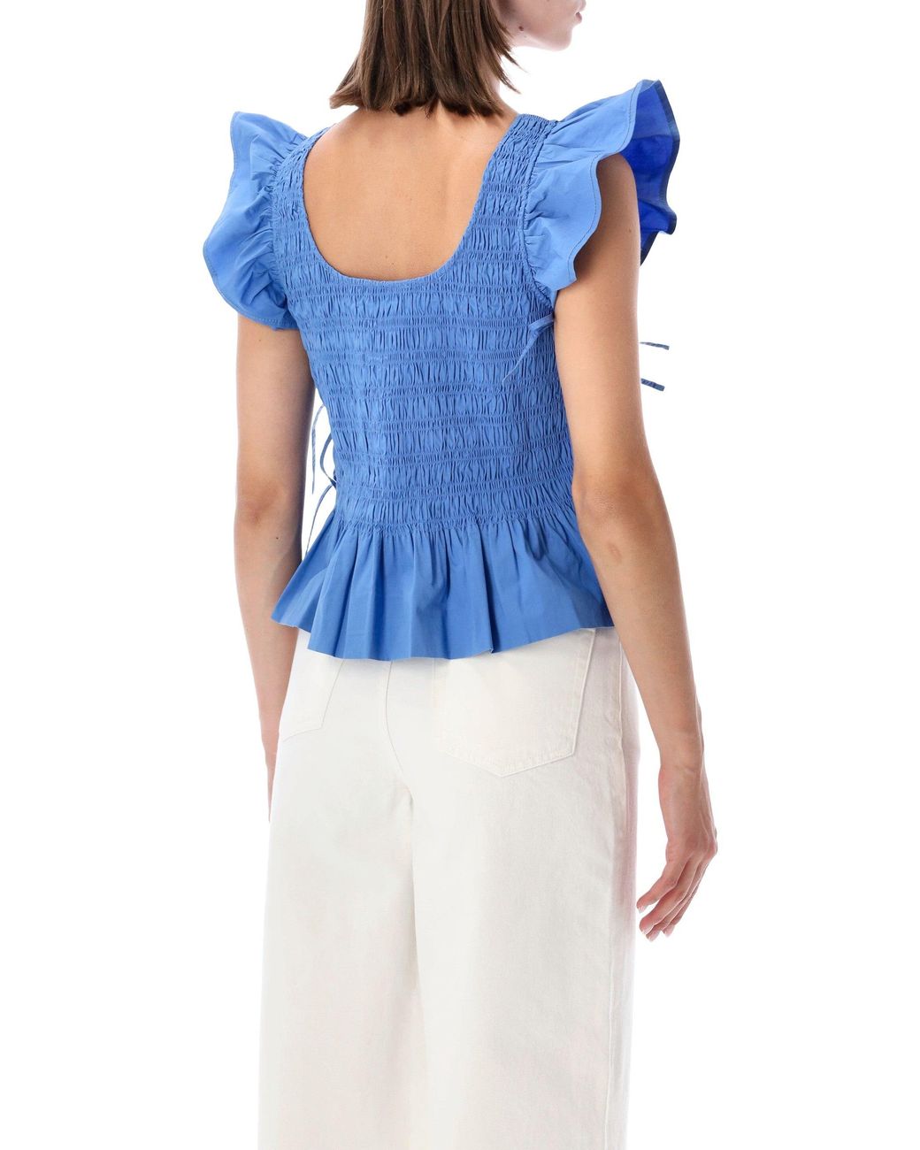 Ganni Blue Smocked Cotton Top