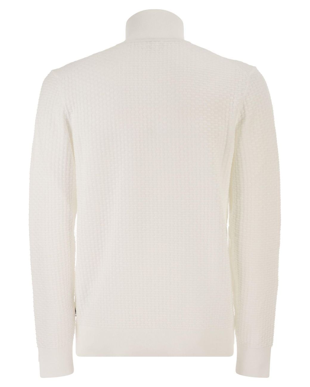 Boss White Textured Cotton Sweater With High Neck And Zip