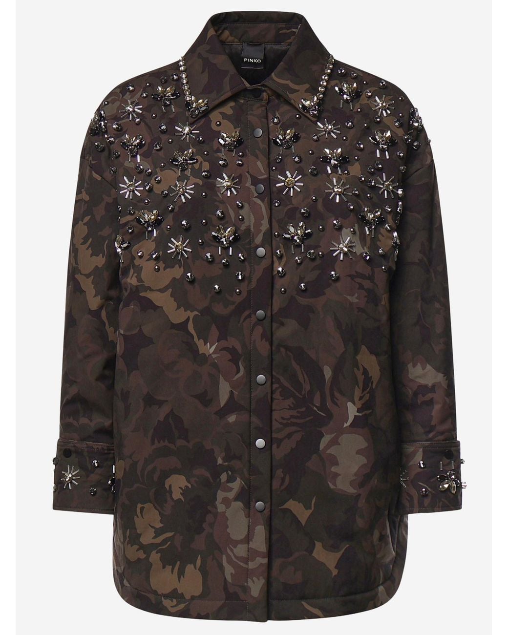 Pinko Black Nylon Jacket With Floral Camouflage And Embroidered Details