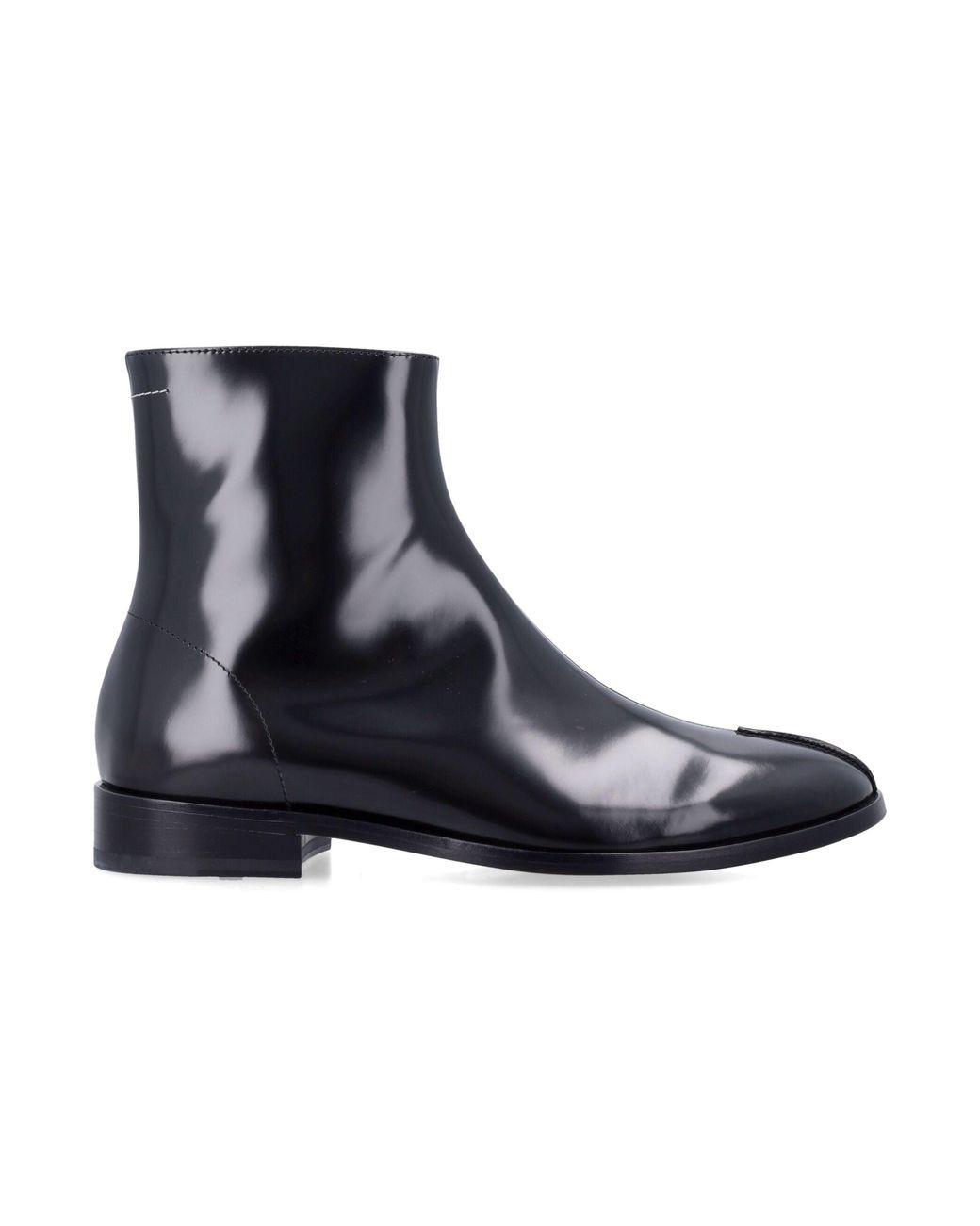 MM6 by Maison Margiela Blue Signature- Stitch Glossy Leather Ankle Boots For With Side Zip And Low Stacked Heel for men