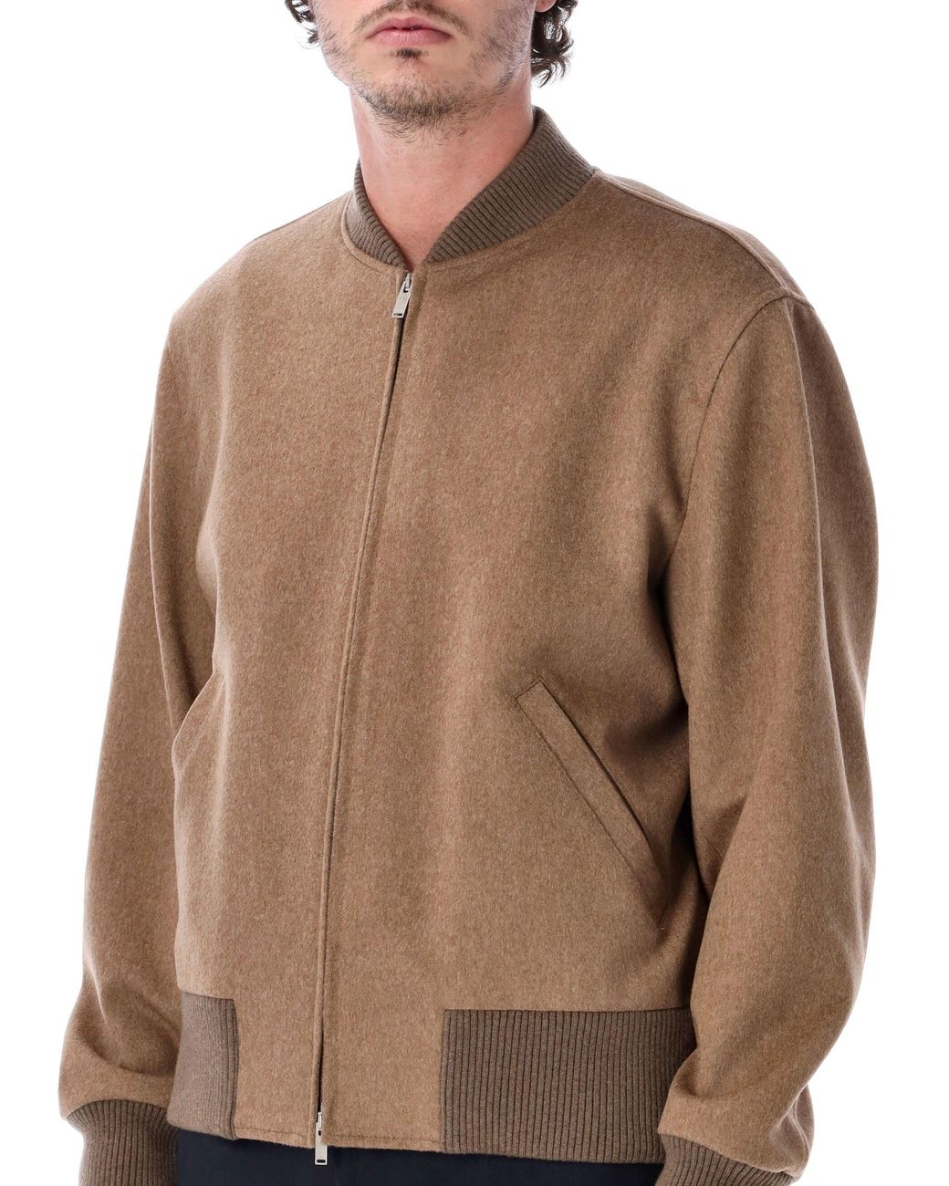 Lardini Blue Wool Varsity Jacket With Ribbed Knit Trim And Leather Logo Patch