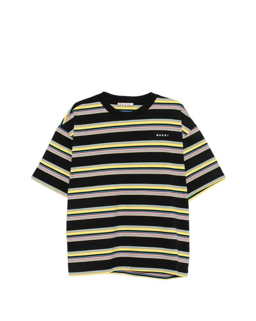 Marni Black Striped Cotton T Shirt With Logo Print