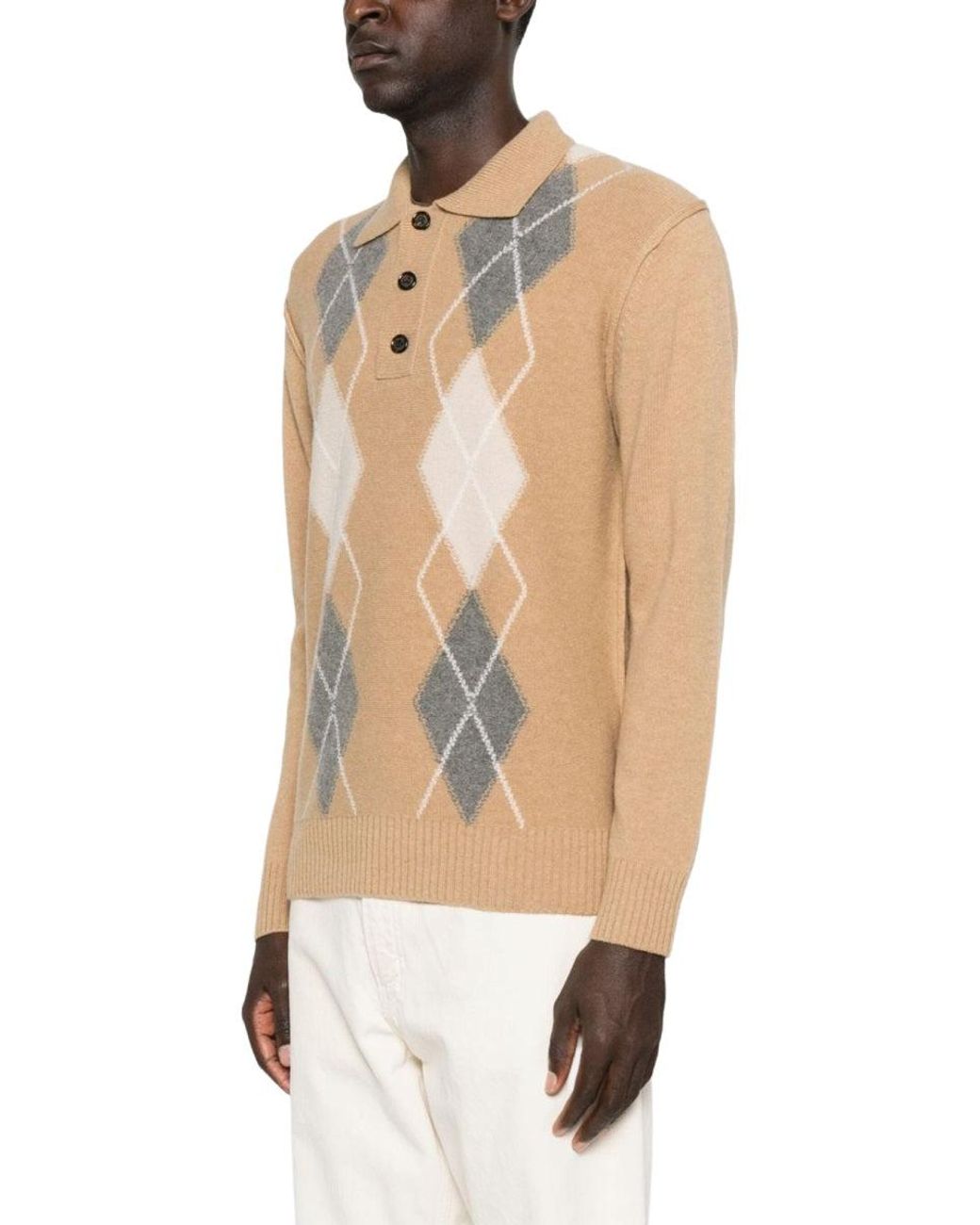 Paolo Pecora Natural Argyle Wool Knit Polo Sweater for men