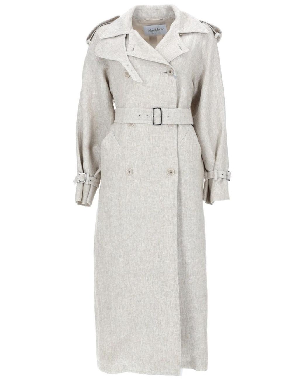Max Mara Gray Double-Breasted Linen Drill Trench Coat