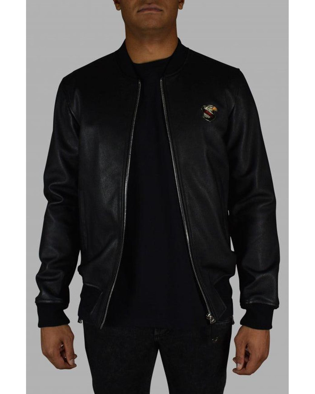 Philipp Plein Black Leather Bomber Jacket With Crest