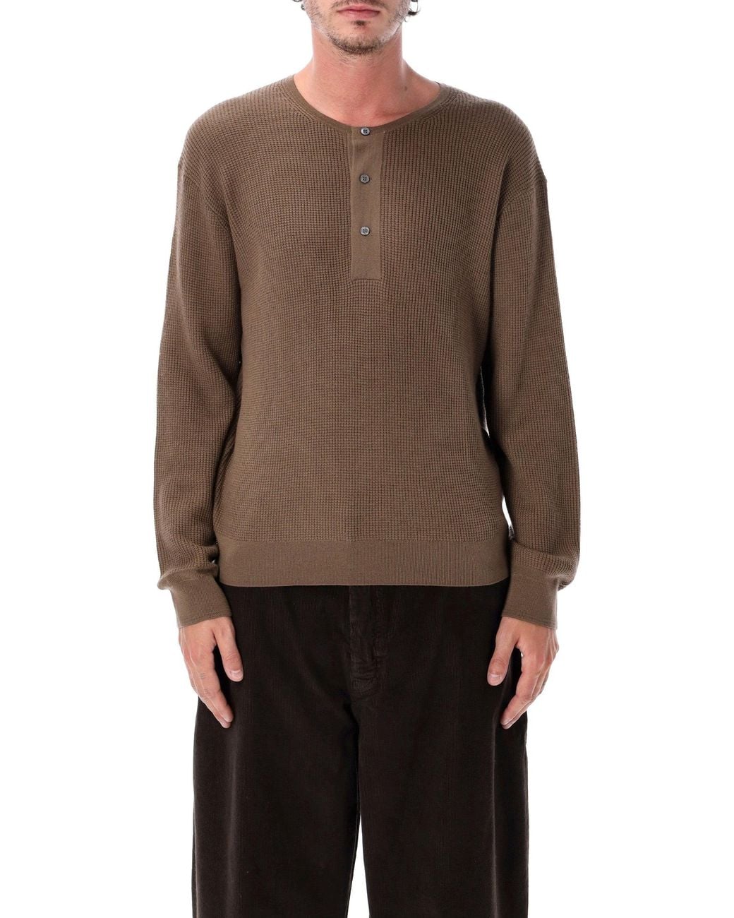 Studio Nicholson Brown Waffle-Knit Henley Sweater for men