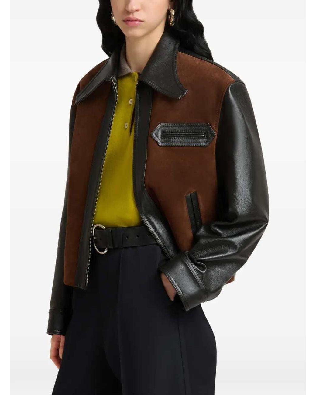 Marni Brown Leather Jacket With Split Leather Front Panel