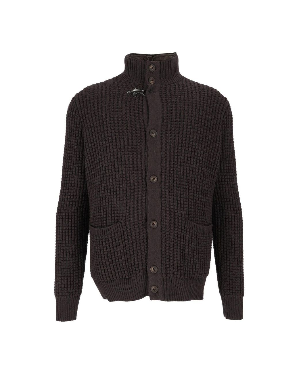 Fay Black Waffle Knit High Collar Cardigan