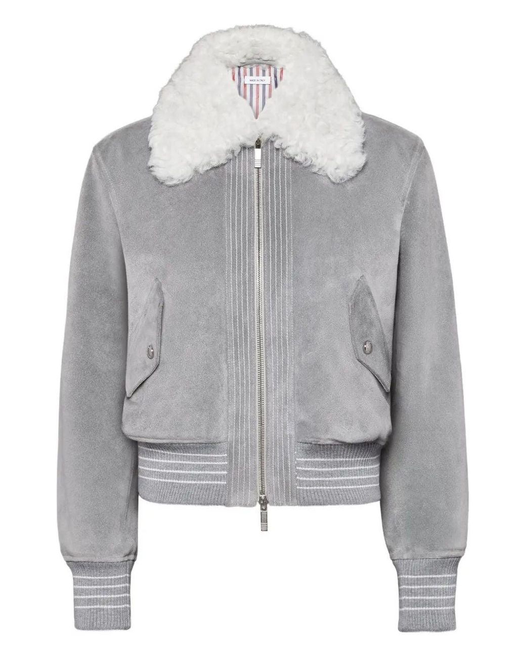 Thom Browne Gray Cropped Flight Jacket W/ Shearling Collar