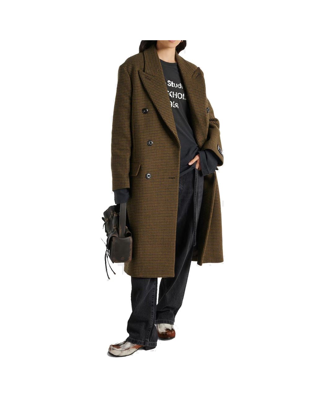 Acne Brown Checked Double-Breasted Wool Blend Coat