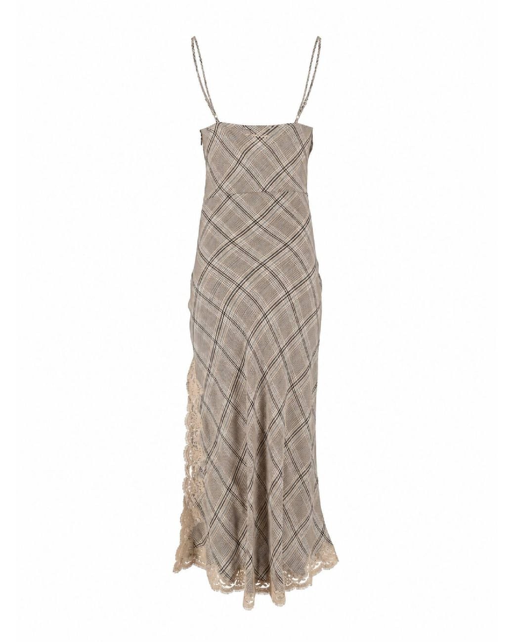 Ermanno Scervino Natural Fitted Lace Trim Plaid Pattern Midi Dress