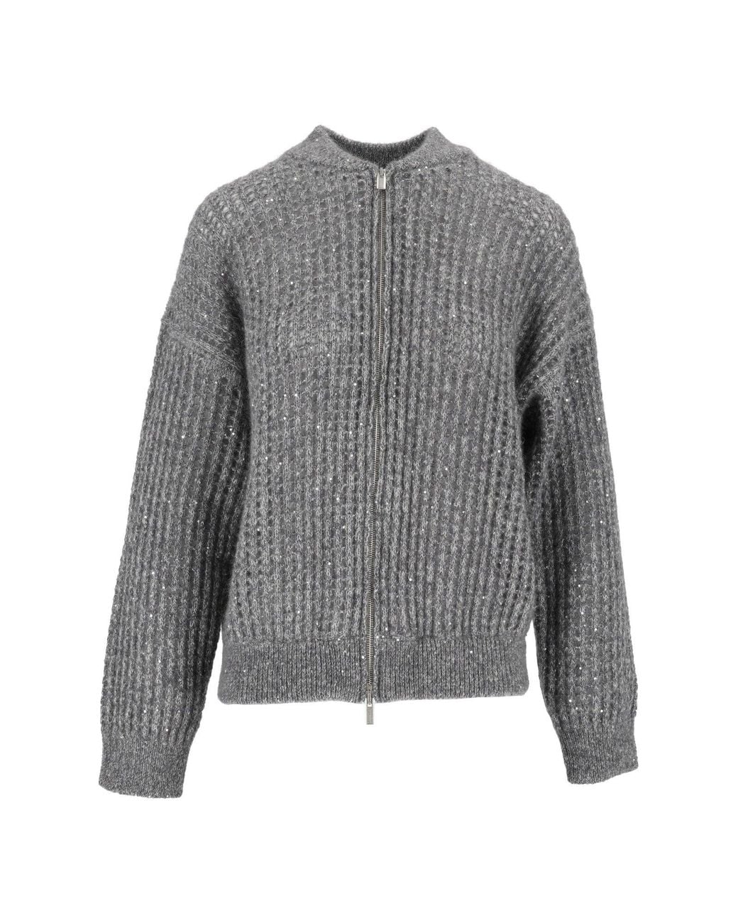 Peserico Gray Ribbed Knit Zip-Through Knit Cardigan