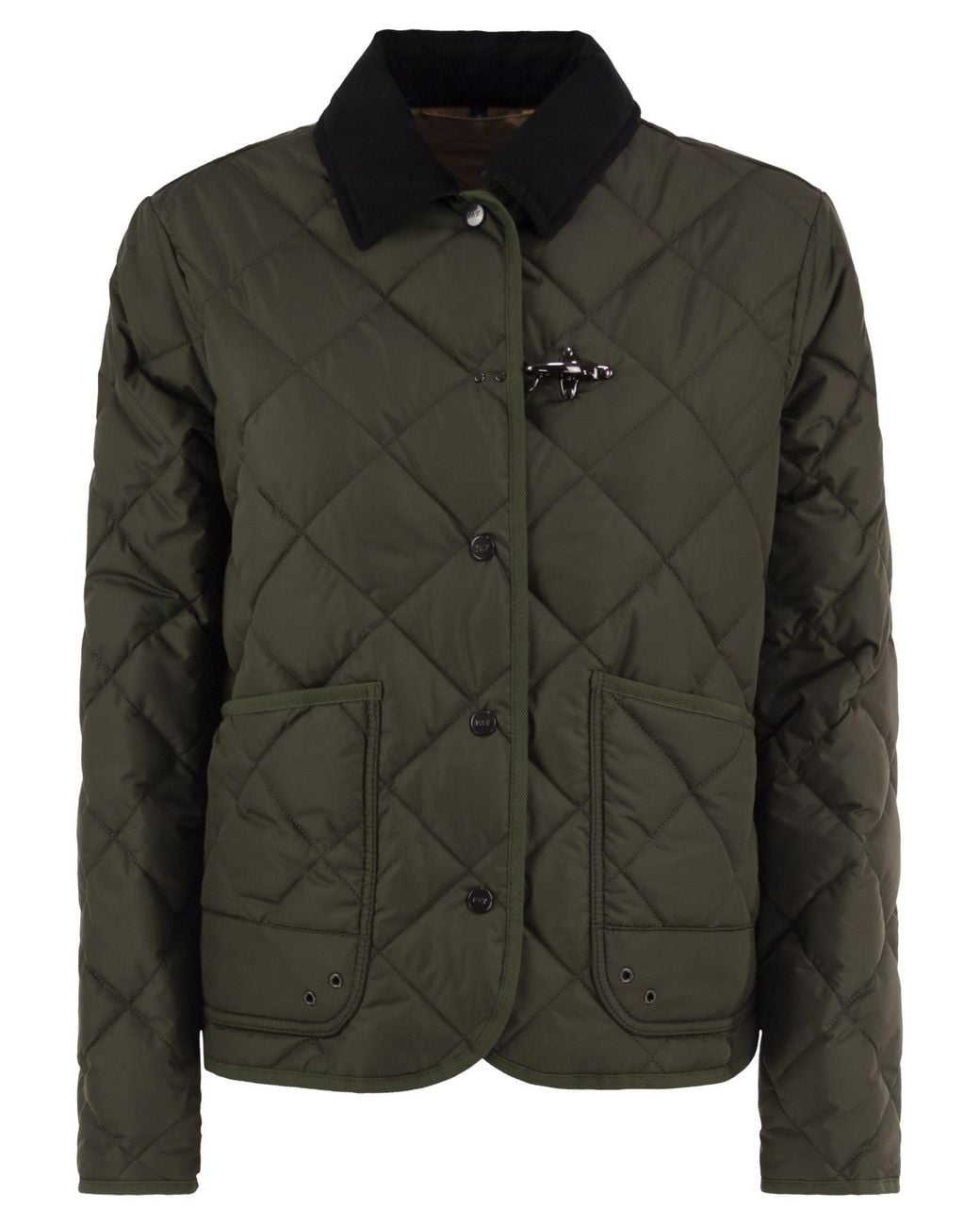 Fay Black Quilted Jacket With Corduroy Collar And Hook