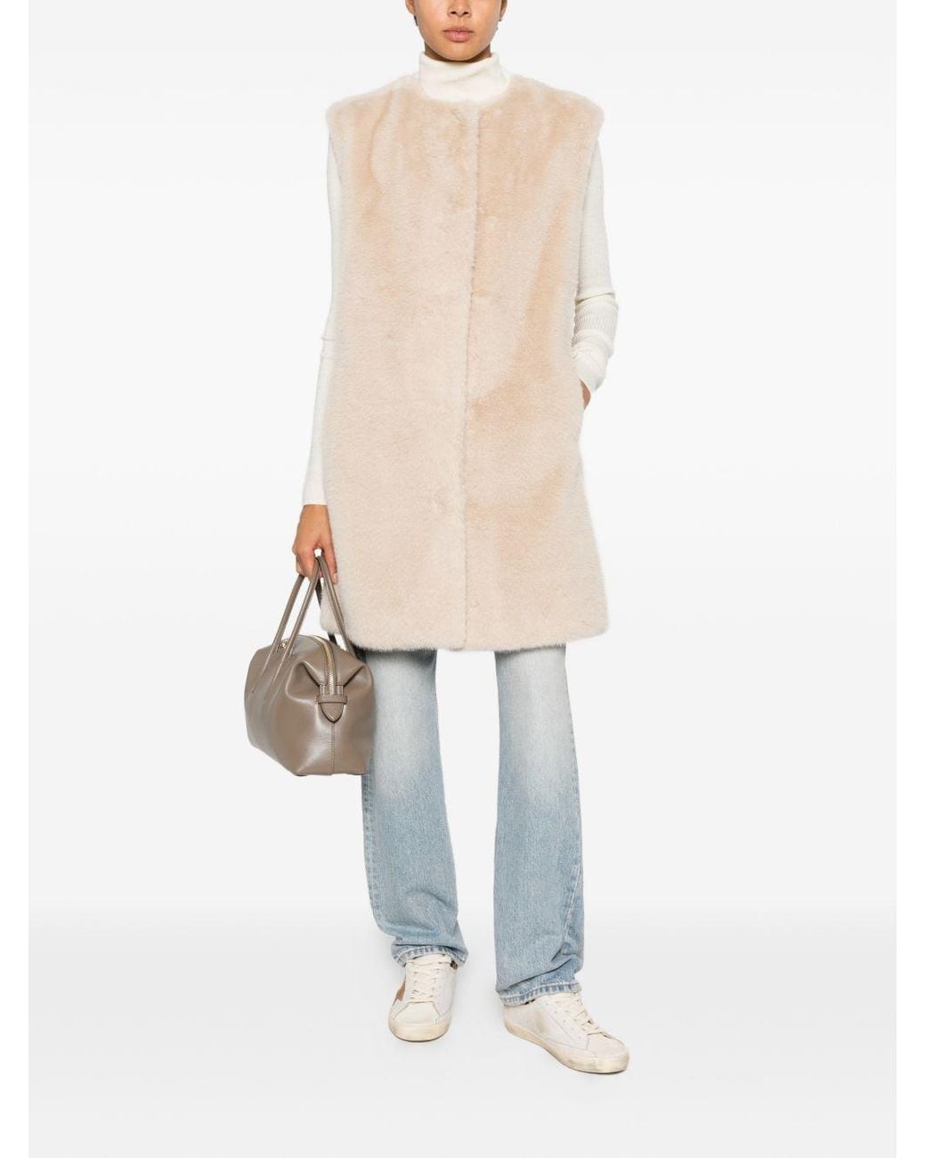Herno Natural Long Faux Fur-Effect Gilet With Round Neckline
