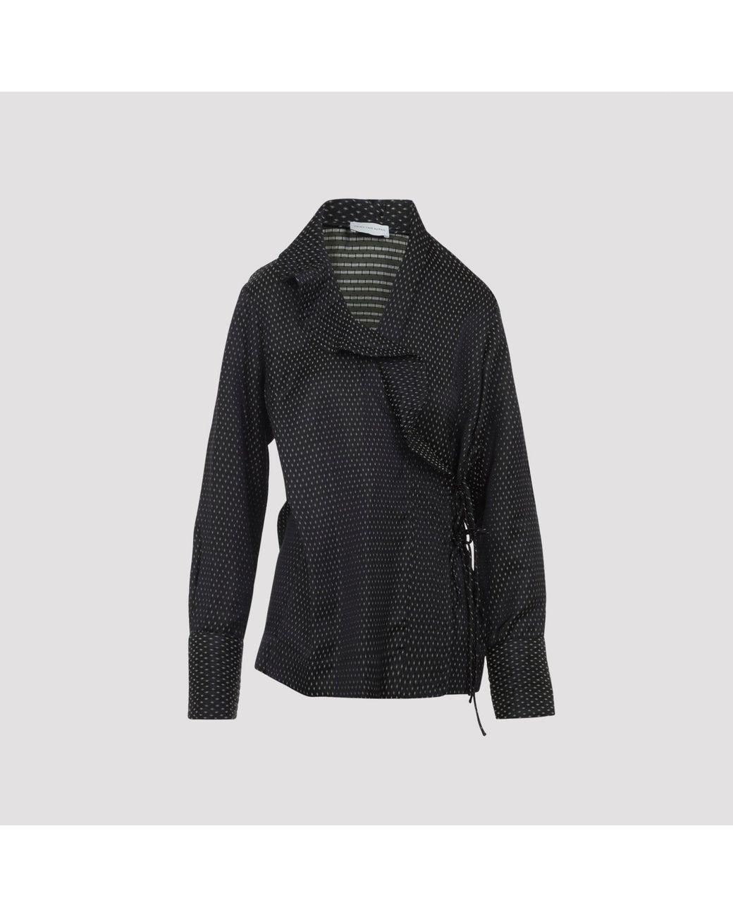 Dries Van Noten Black Calberton Shirt With Ruffled Neck And Geometric Pattern