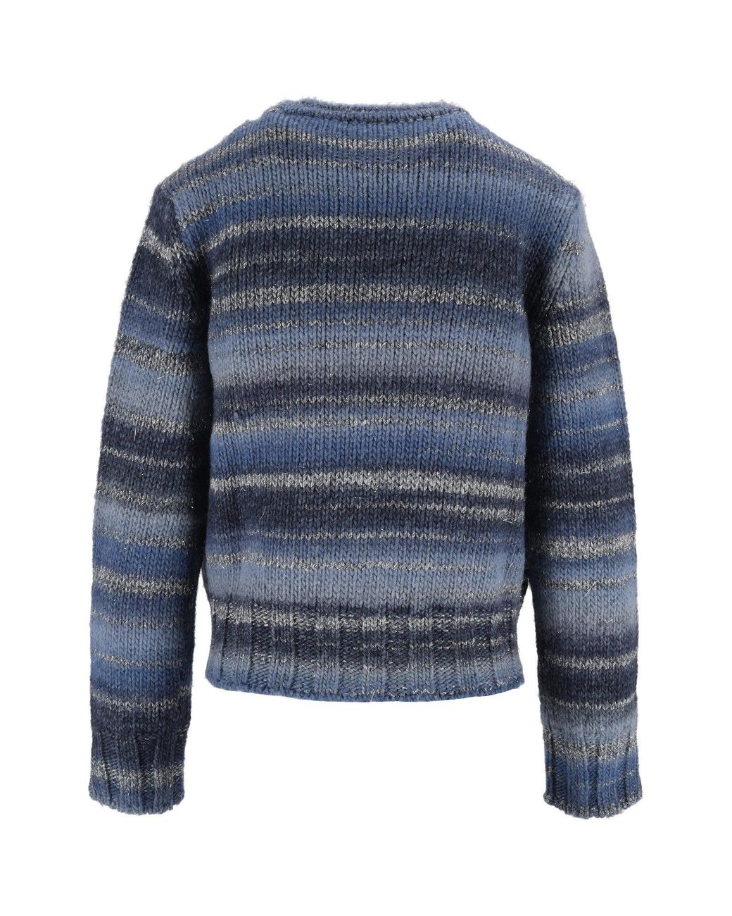 Kangra Cashmere Blue Horizontal Striped Printed Yarn Crewneck Sweater