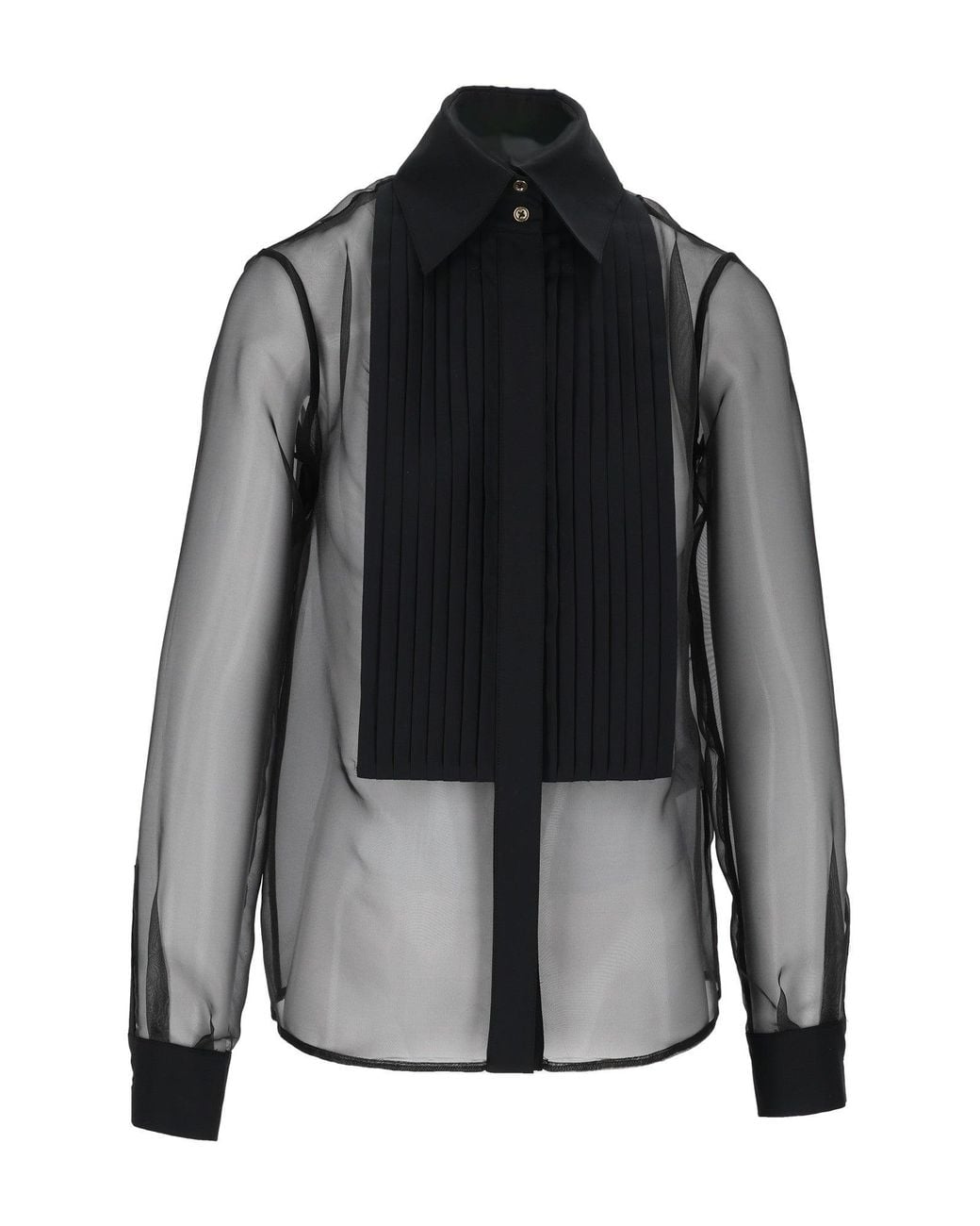 Elisabetta Franchi Black Translucent Pleated Bib Classic Collar Blouse