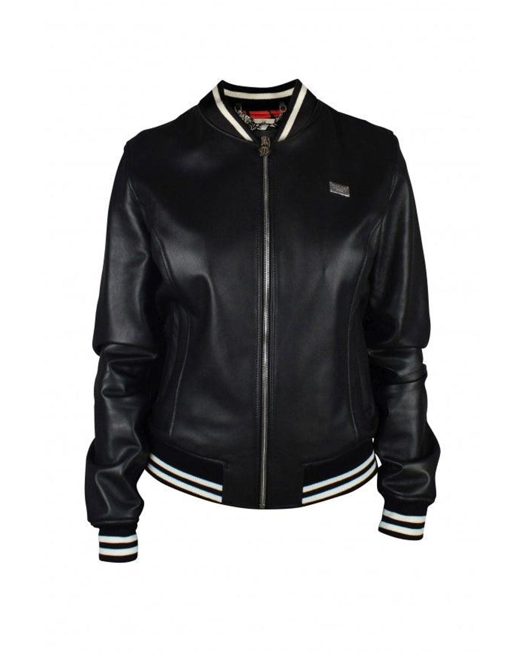 Philipp Plein Black Leather Bomber Jacket With Heart