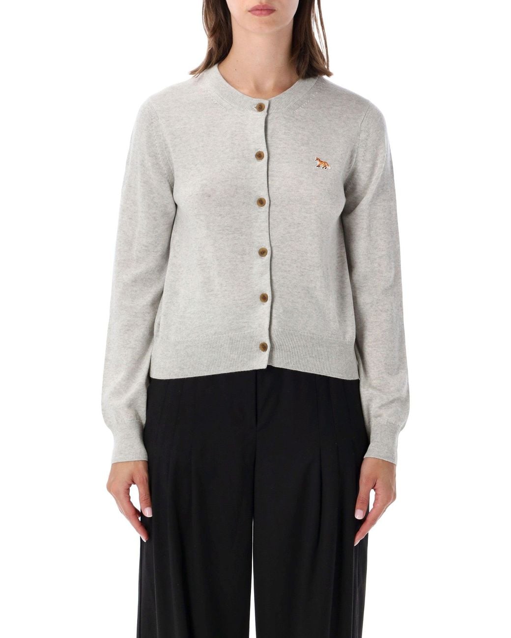 Maison Kitsuné Gray Wool Button-Front Cardigan With Fox Patch