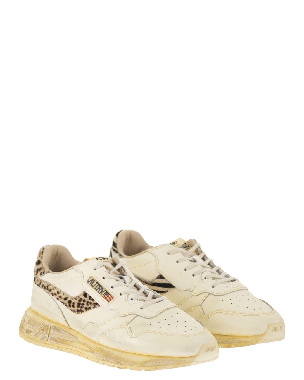 Autry Natural Reelwind Leather Trainers With Genuine Animal Print Haircalf Details