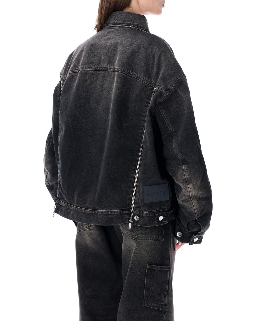 Haikure Black Oversized Denim Jacket With Adjustable Zippered Hem