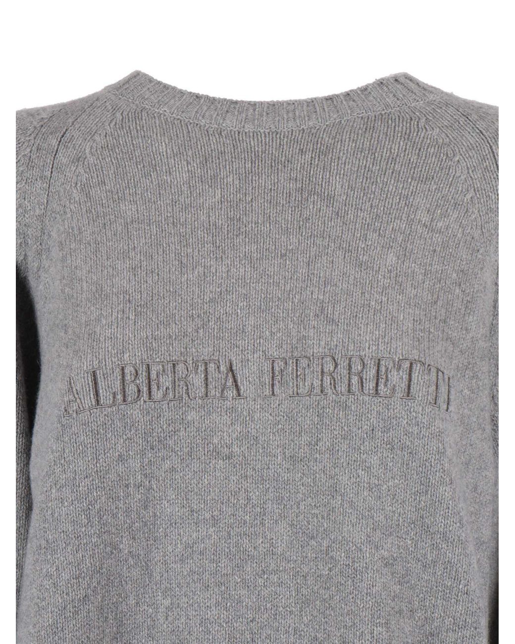 Alberta Ferretti Gray Lightweight Cashmere-Wool Knit Sweater With Classic Round Neckline